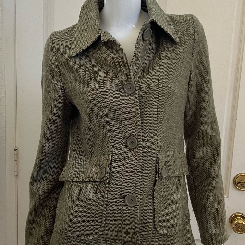 DOKI-GEKI VINTAGE Y2K Olive Green Herringbone Pea Coat Sz S